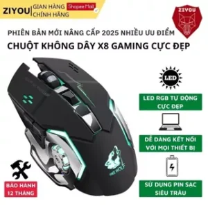 Chuột máy tính không dây Gaming ZIYOU X8 có đèn LED tự động đổi màu,có thể sạc lại, kết nối 2.4GHZ chuyên game